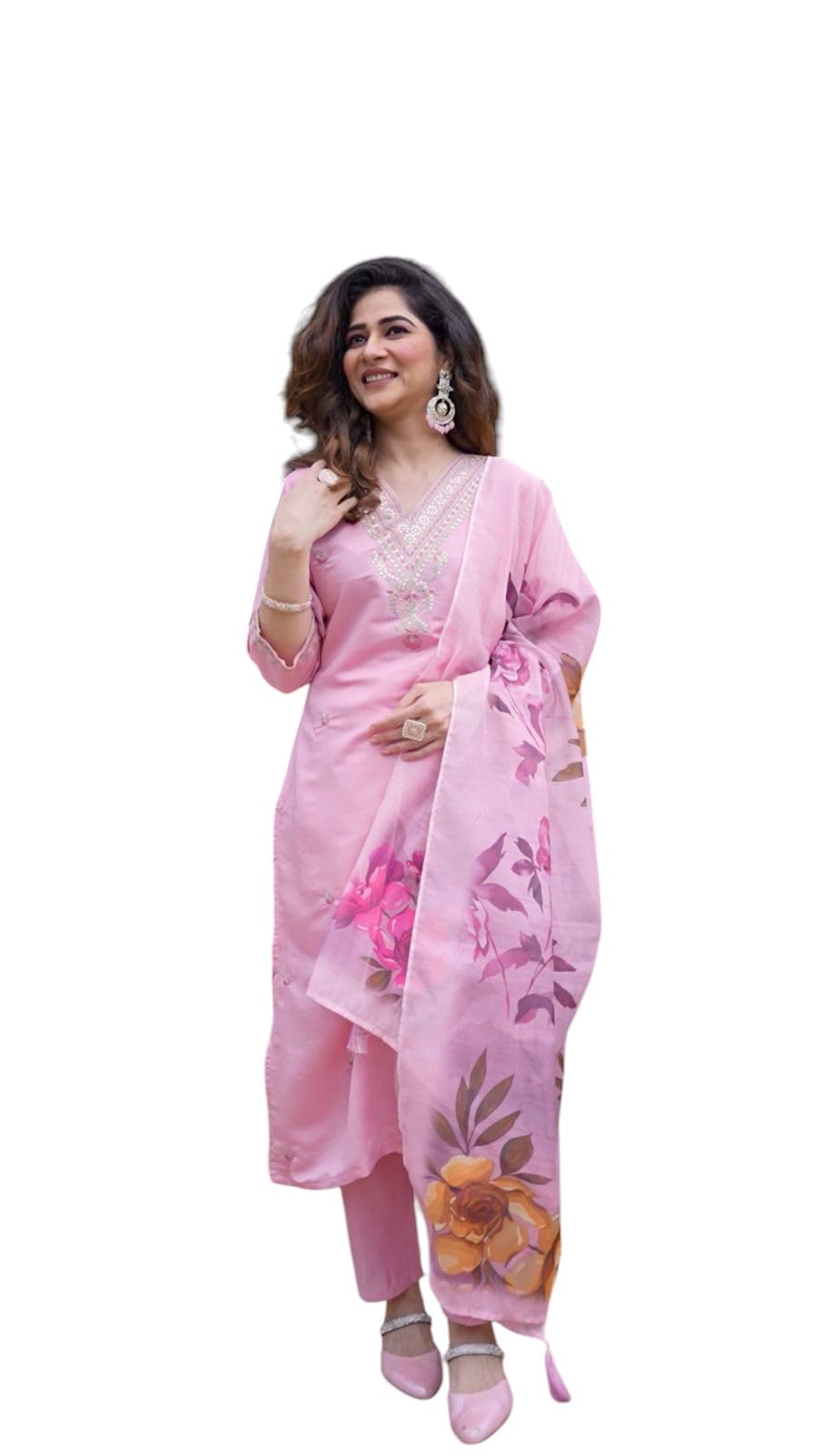Rieka Women Embroidered Kurta Set With Floral Printed Dupatta & Straight Pant | Ethnic Wear Set For Women | Silk Blend Kurta Set