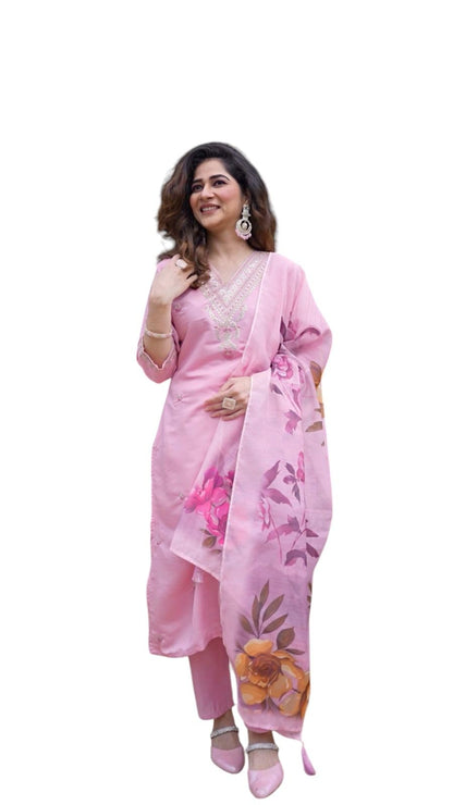 Rieka Women Embroidered Kurta Set With Floral Printed Dupatta & Straight Pant | Ethnic Wear Set For Women | Silk Blend Kurta Set