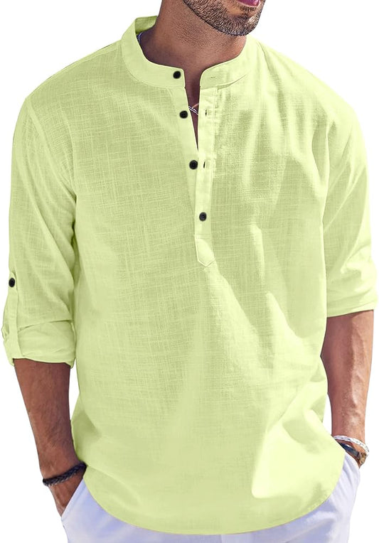 Hemrin Men Solid Cotton Blend Straight Kurta Shirt Light Yellow
