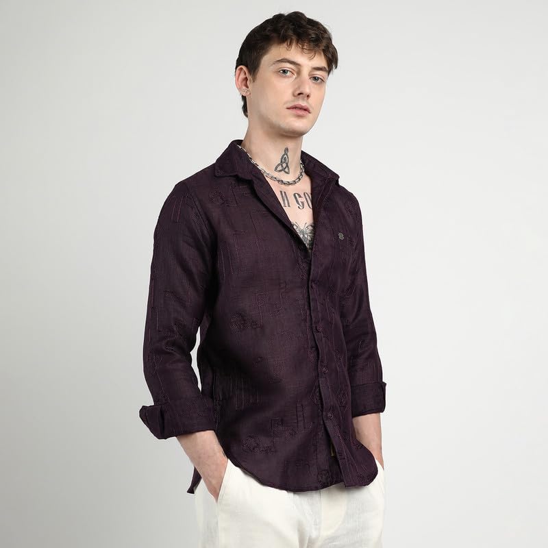 Campus Sutra Mens Plum Purple Embroidered One-Lined Shirt for Casual Wear | Spread Collar | Long Sleeve | Button Closure | Shir