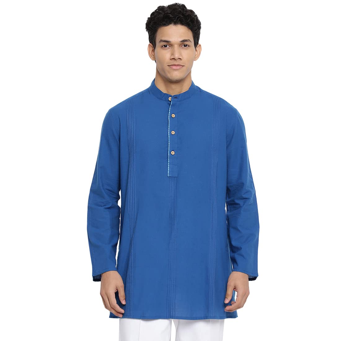 Fabindia Men Cotton Pintucks Short Kurta Blue_L