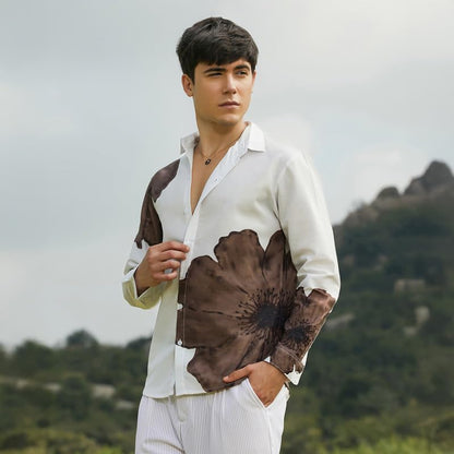 Campus Sutra Mens Ash Brown Primrose Flora Shirt for Casual Wear | Spread Collar | Long Cuffed Sleeves | Button Closure | Shirt