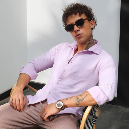 Campus Sutra Mens Lilac Chevron-Textured Shirt | Casual Wear | Spread Collar | Long Sleeve | Button Closure | Shirt Crafted wit