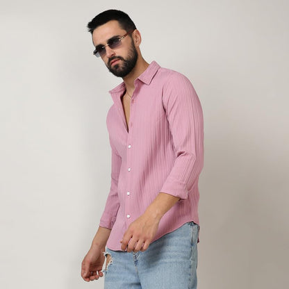 Campus Sutra Mens Salmon Pink Self-Design Striped Shirt for Casual Wear | Spread Collar |Long Sleeve | Button Closure | Shirt C