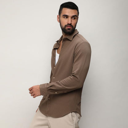 Campus Sutra Mens Tan Brown Stripe-Creased Shirt for Casual Wear | Spread Collar | Long Sleeves | Button Closure | Shirt Crafte