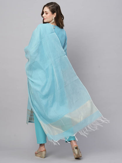 Gosriki WomenS Organza Straight Solid Kurta With Pant & Dupatta (Lahar-Firozi-Gs_M_Sky Blue_Medium)