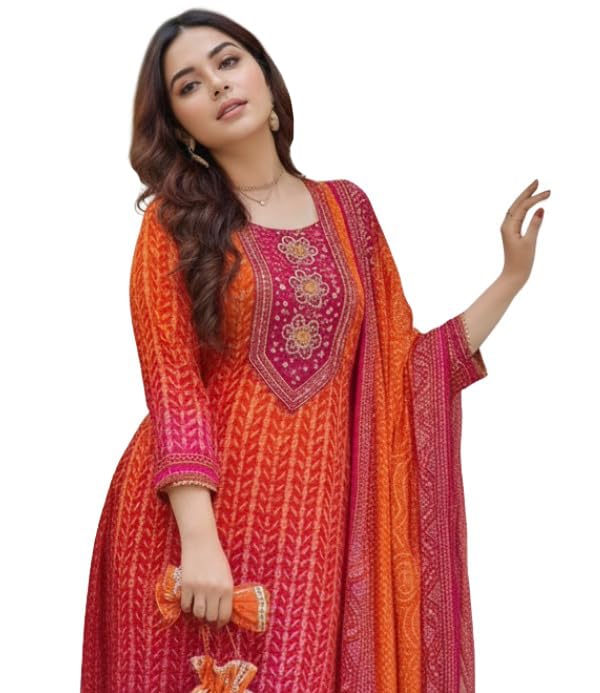 ANNI Designer Womens Rayon Viscose Straight Bandhej Printed Kurta with Pant & Dupatta (SHRIHA MULTI-VKS06_XXL_Multicolor_XX-Lar