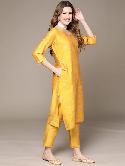 anubhutee Womens Cotton Yellow Ethnic Motifs Printed Straight Kurta Suit Set With Pants