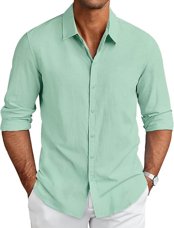 CB-COLEBROOK Mens Long Sleeve Button Down Shirts Casual Cotton Linen Shirts Summer Beach Shirt for Mens Top (in, Alpha, 2XL, Re