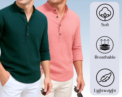 Deelmo Combo Of MenS Cotton Blend Solid Regular Fit Full Sleeve Short Kurta | MenS Trendy Short Kurta Pack Of 2