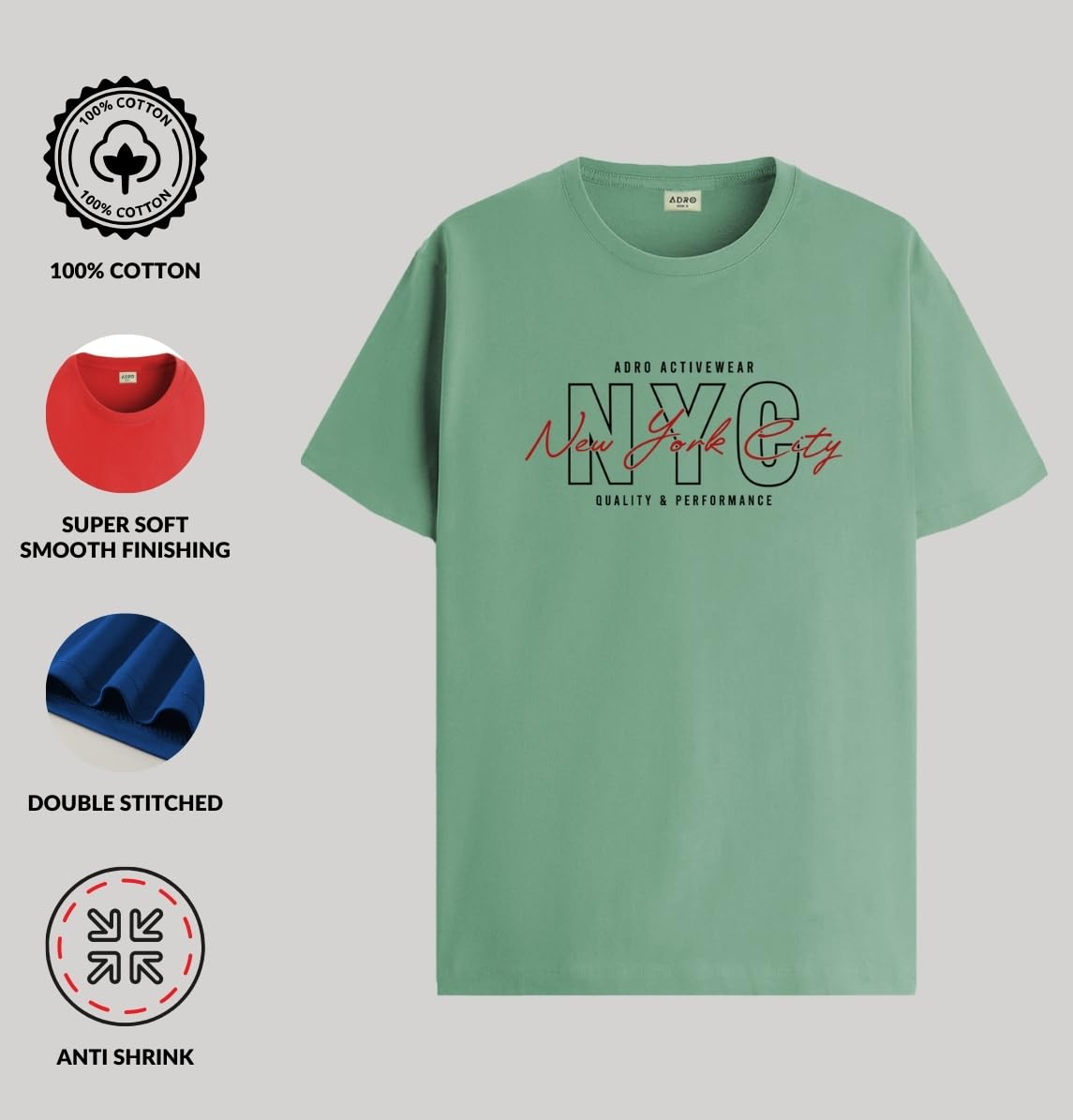 ADRO Mens NYC Cotton T-Shirt (RN22-03-NYC-PT_Pista)