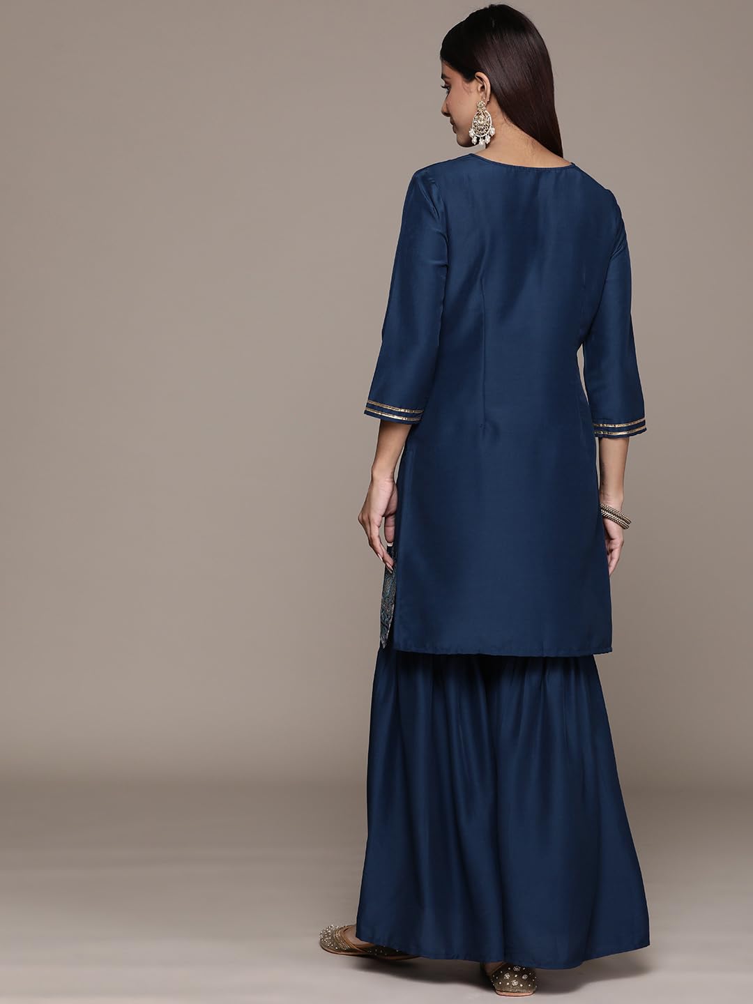 ZIYAA Art Silk Women's Navy Blue Chinon Straight Kurta and Sharara Set