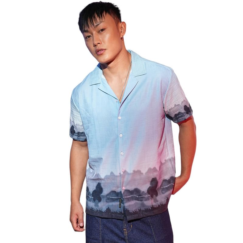 Campus Sutra Mens Sky Blue & Space Blue Lakeside Ombre Shirt | Casual Wear | Cuban Collar | Short Sleeve | Button Closure | Shi