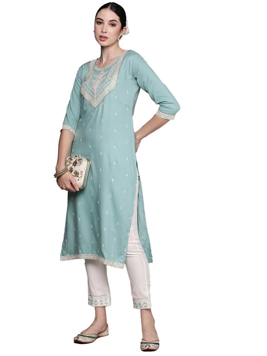 ishin Women's Viscose Rayon Embroidered Blue Straight Kurta Suit Set with Pants