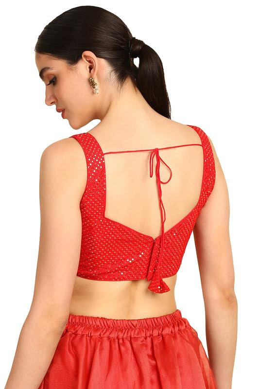 Soch Womens Red Sequinned Sweetheart Neck Georgette Padded Blouse