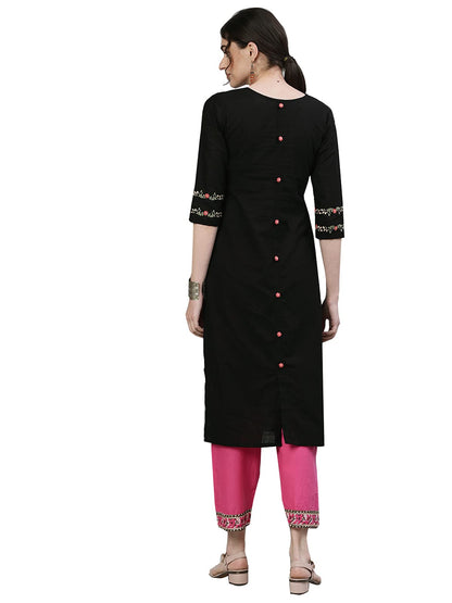 ishin Women's Cotton Straight Embroidered Thread Work Floral Print Black Kurti