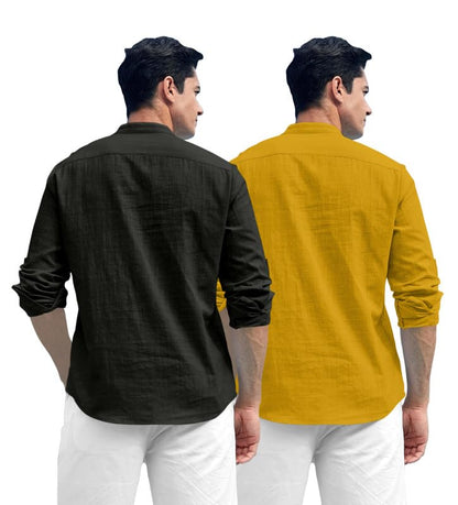 Royalscout Combo Of MenS Solid Cotton Blend Full Sleeve Straight Kurta Shirt (Pack Of 2) Black-Gold