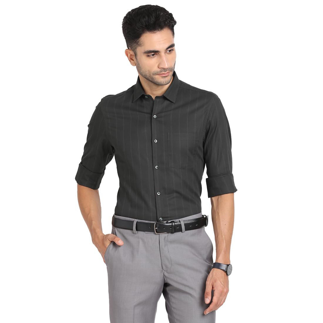 Turtle Men 100% Cotton Slim Fit Black Striped Formal Shirt