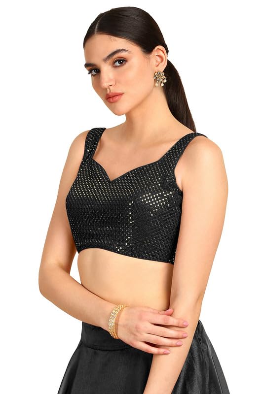Soch Womens Black Sequinned Sweetheart Neck Georgette Padded Blouse