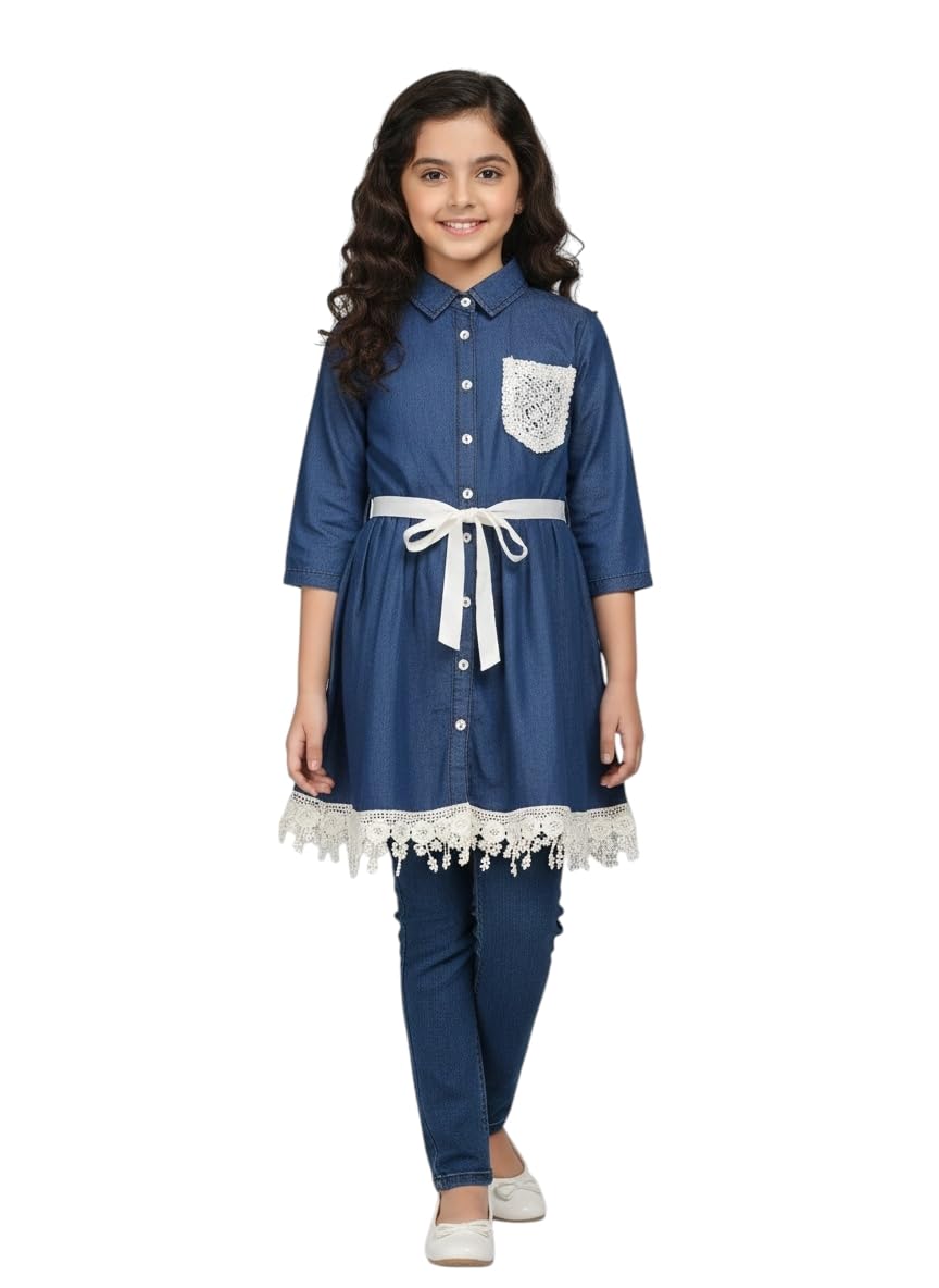 Aarika Girls Navy Blue Colour Self Design Denim Co-Ord Set-(3-9 Years)-(Kp-38834-Navy-Blue-28)