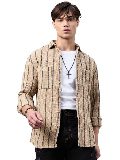 Style Quotient Men Khaki Stripe Textured Solid Shirt