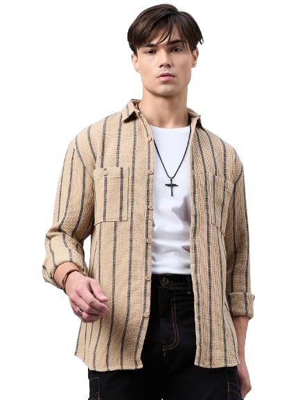 Style Quotient Men Khaki Stripe Textured Solid Shirt