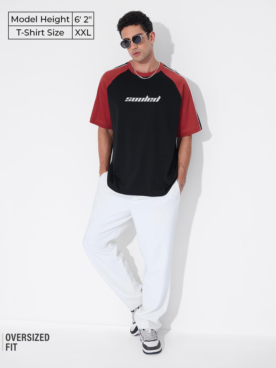 The Souled Store Oversized T-Shirt: Colourblock Black Blaze Men and Boys Short Sleeves Round Neck Black and Red Colour-Block Cot