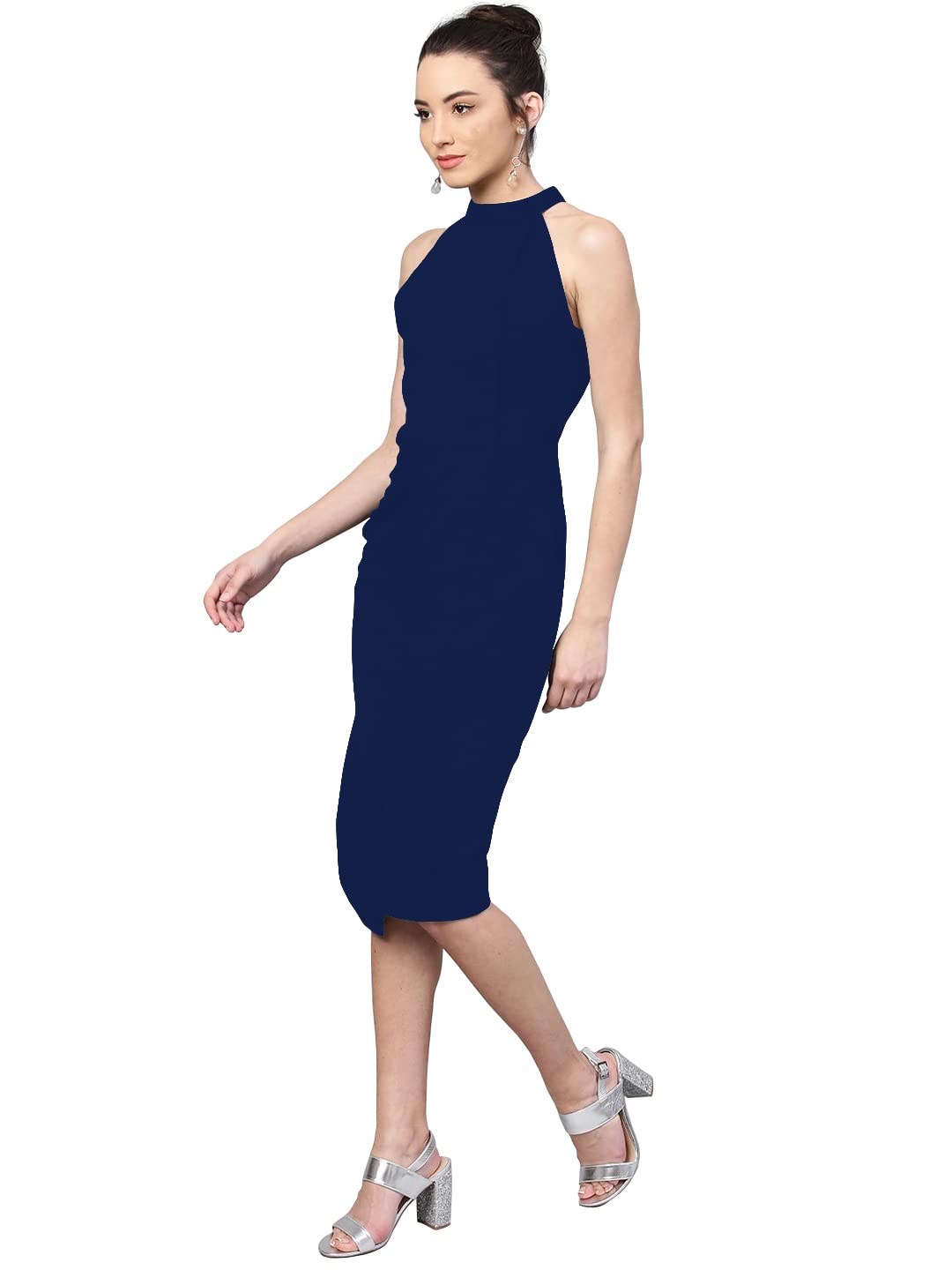 Shasmi Polyester Blend Bodycon Knee-Length WomenS Elegant Halter Neck Pleated Flounce Sleeveless Midi Dress (Dresses For Tops_N