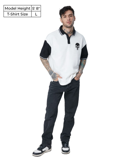The Souled Store| Official Punisher: Logo Mens and Boys Polos|Half Sleeve|Regular fit Graphic Printed| 100% Cotton White & Black