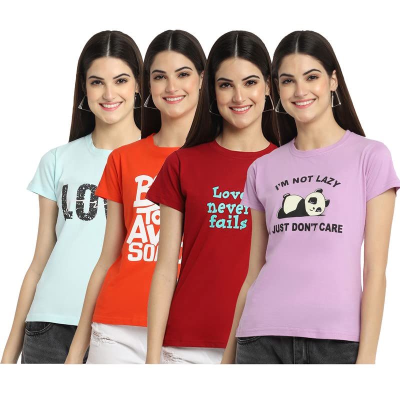Preneum Womens Cotton Regular Fit Latest Graphic Stylish Printed Short Sleeves Casual T-Shirt || Trendy Designs & Stylish (Pack