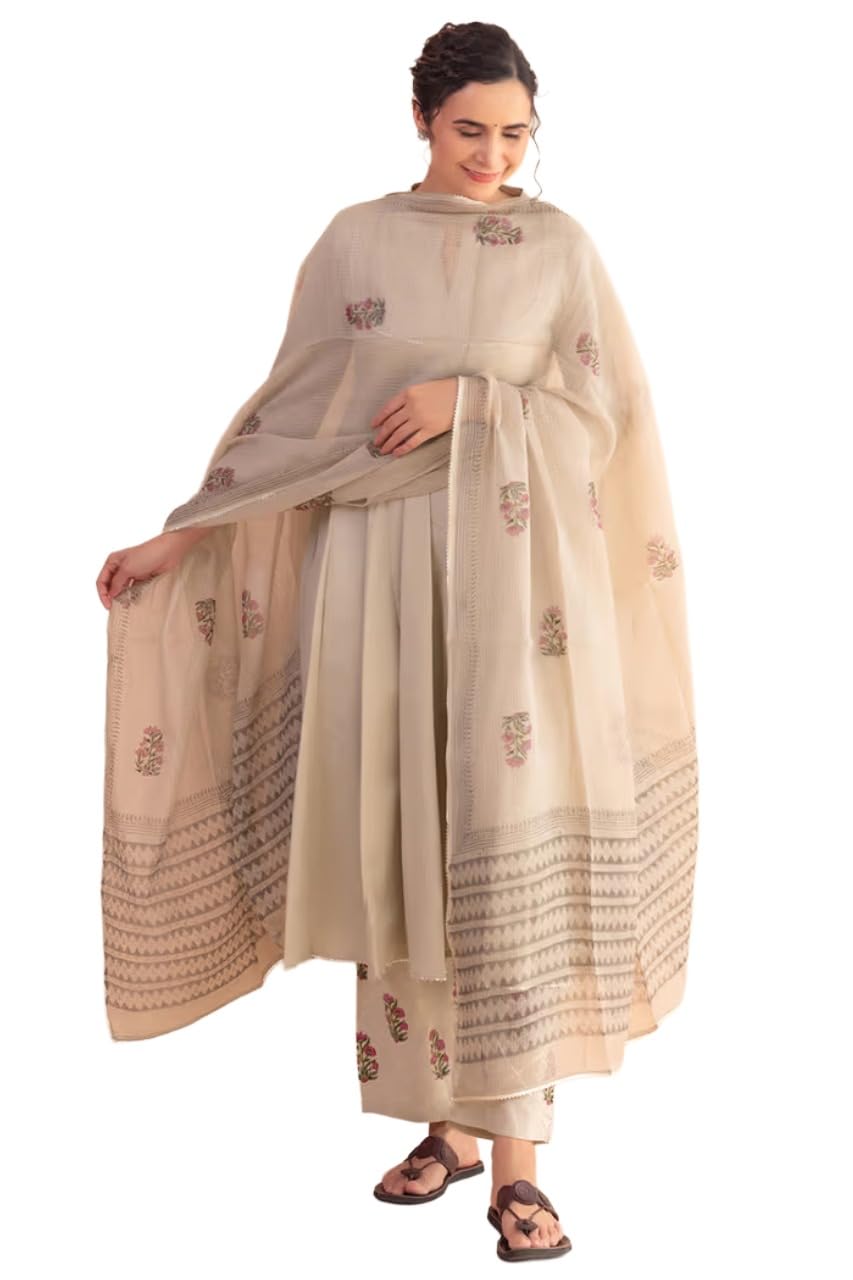 ANNI Designer Womens Rayon Viscose Anarkali Solid Kurta with Printed Pant and Dupatta (Hruday Beige_5XL_Beige_XXXXX-Large)