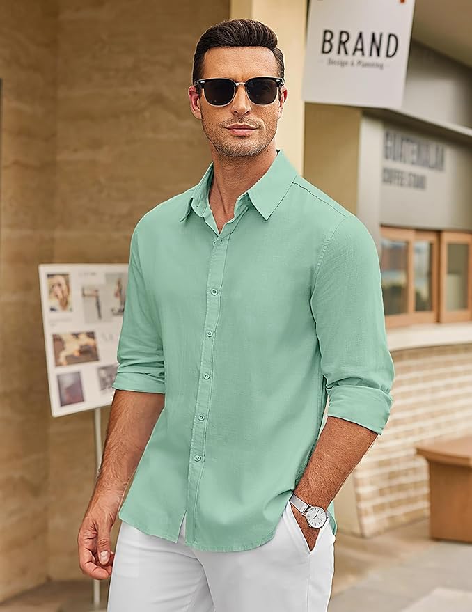 CB-COLEBROOK Mens Long Sleeve Button Down Shirts Casual Cotton Linen Shirts Summer Beach Shirt for Mens Top (in, Alpha, 2XL, Re