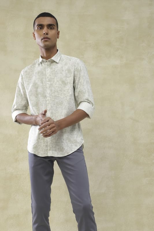 Turtle Men Cotton Tencel Slim Fit Grey Printed Full Sleeve Casual Shirt