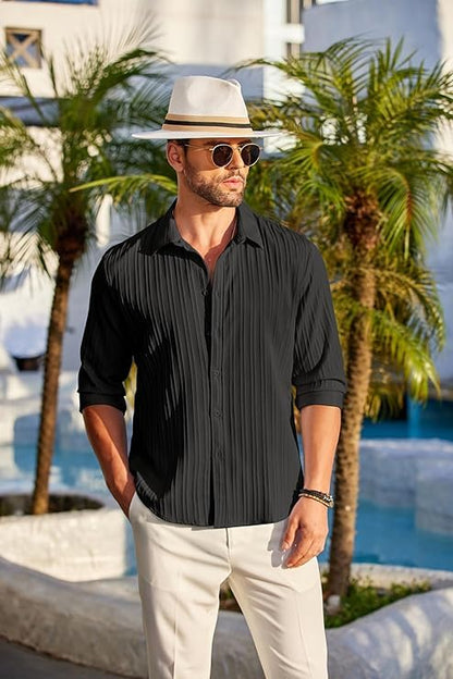 CB-COLEBROOK Mens Casual Button Down Shirts Long Sleeve Linen Shirt Fashion Textured Beach Summer Shirts| Men Stylish Shirt | M