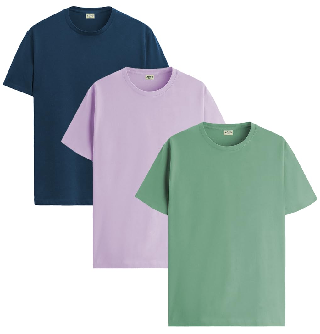 ADRO Men's Solid Regular Fit T-Shirt (RCM3-PLN-PU-SB-PT_Purple,Teal,Pista