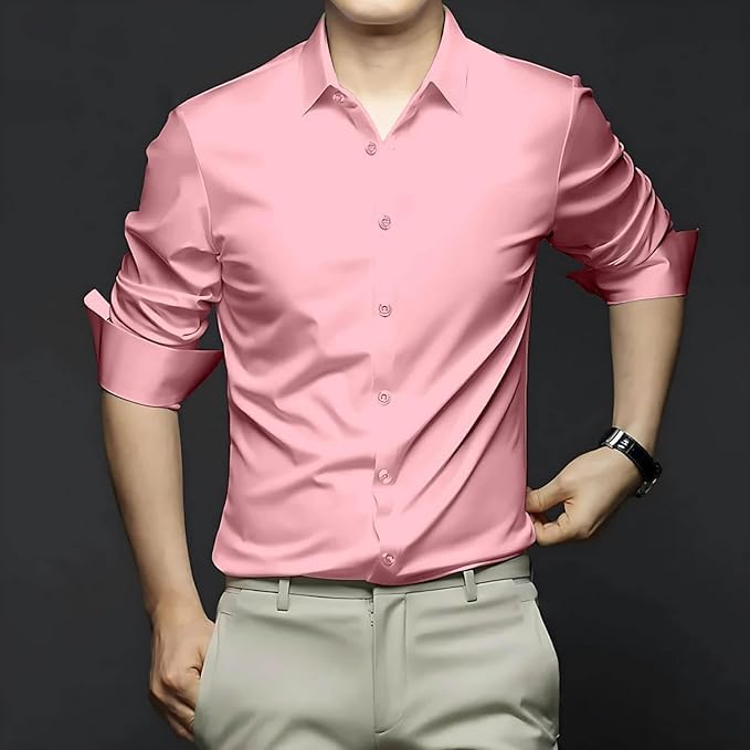 Deelmo Combo Of MenS Stylish Solid Satin Casual Shirt For Men Full Sleeves| Poly Satin Silk Shirt Pack Of 2 Light Pink-White