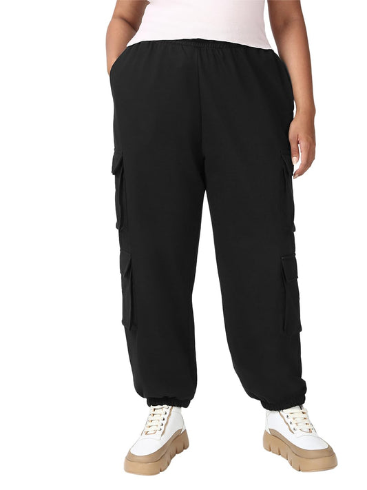 Bewakoof Air 1.0 Womens Solid Super Loose Fit Terry Plus Size Cargo Joggers_646960_Black_6XL