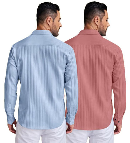Deelmo Combo Of MenS Casual Button Down Shirts Long Sleeve Linen Shirt Fashion Textured Summer Shirts Pack Of 2