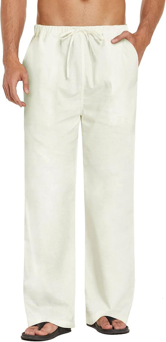 CB-COLEBROOK Mens Casual Linen Pants Elastic Waist Pants Drawstring Summer Beach Yoga Linen Trouser | Loose Fit Track Pants (in,