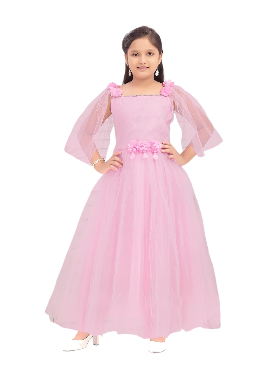 Aarika Girls Pink Colour Solid Stone Lace Net Gown (3-9 Years)