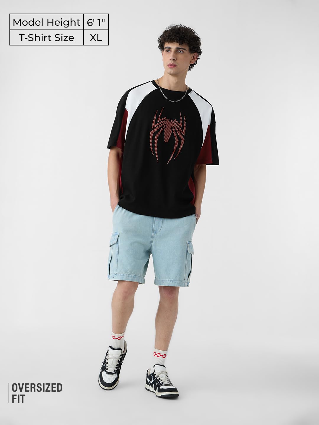 The Souled Store Spider-Man: Peter Parker Men and Boys Short Sleeves Round Neck Black Graphic Printed Cotton Oversized T-Shirts