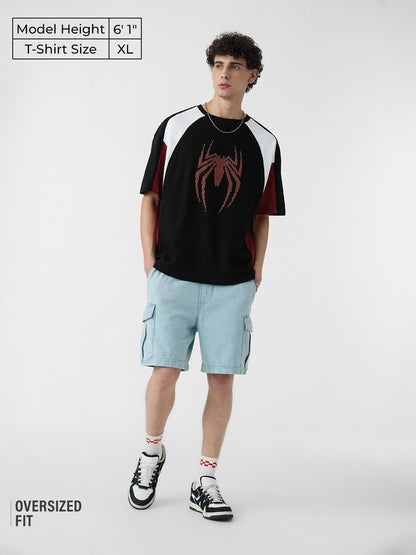 The Souled Store Spider-Man: Peter Parker Men and Boys Short Sleeves Round Neck Black Graphic Printed Cotton Oversized T-Shirts