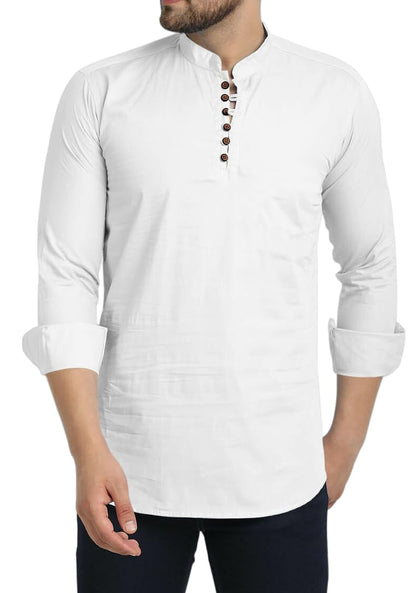 Royalscout MenS Cotton Blend Full Sleeve Short Kurta With Mandarin Collar White
