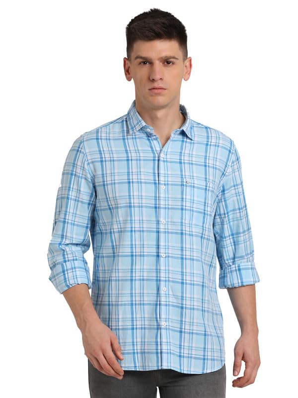 Turtle Men 100% Cotton Slim Fit Light Blue Check Full Sleeve Casual Shirt