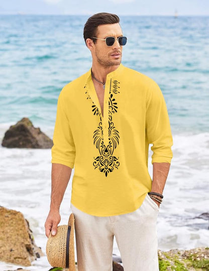 Finivo Fashion MenS Cotton Blend Short Kurta With Bold Printed Front Design | Full Sleeve Ethnic Casual Kurta With Mandarin Coll