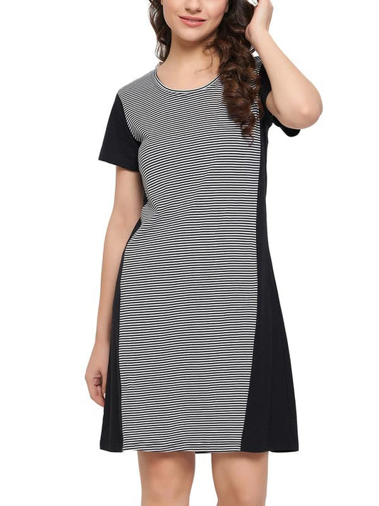 Clovia Womens Cotton Sassy Stripes Short Night Dress (NS1502P13_Black_XXL)