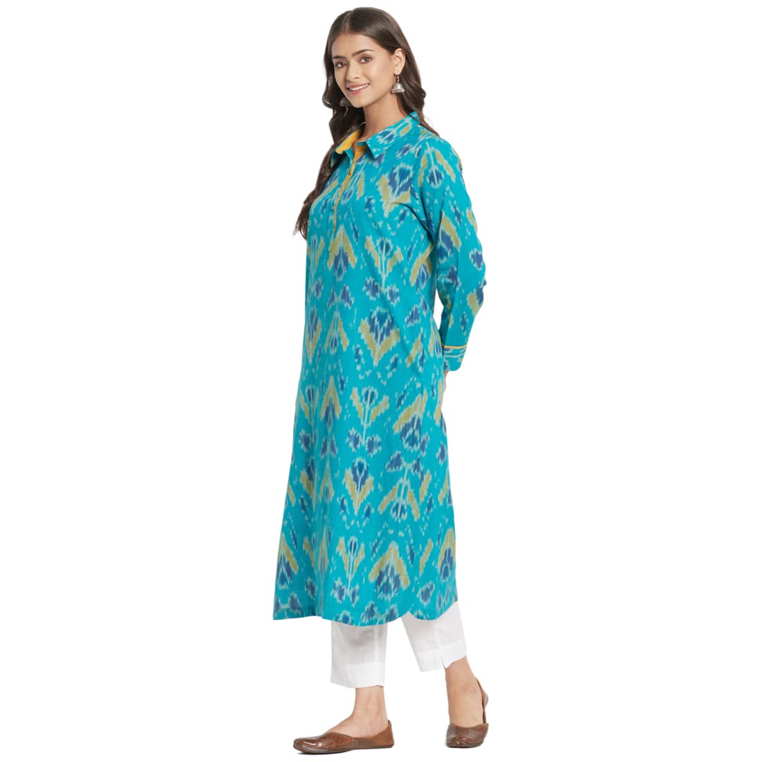 Fabindia Women Woven Cotton Collar Neck Long Kurta Ikat_Blue