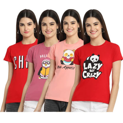 Preneum Womens Cotton Regular Fit Latest Graphic Stylish Printed Short Sleeves Casual T-Shirt || Trendy & Style (Pack 4), Red &