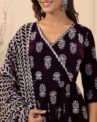 Tee Projekt WomenS Cotton Blend V-Neck Anarkali Kurta Pant With Dupatta Set Ll Floral Kurta Set For Women Purple
