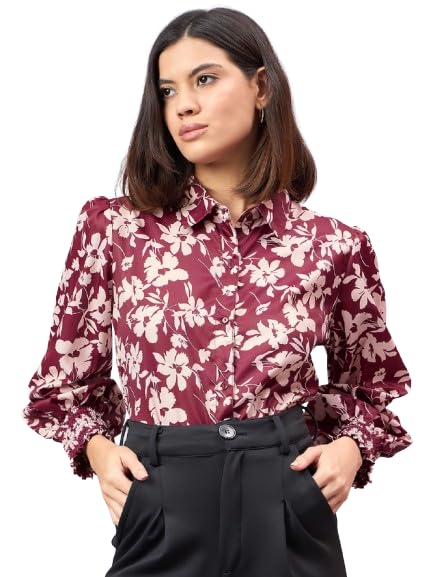 Style Quotient Women Maroon and Beige Floral Printed Polyester Regular Fit Smart Casual Shirt